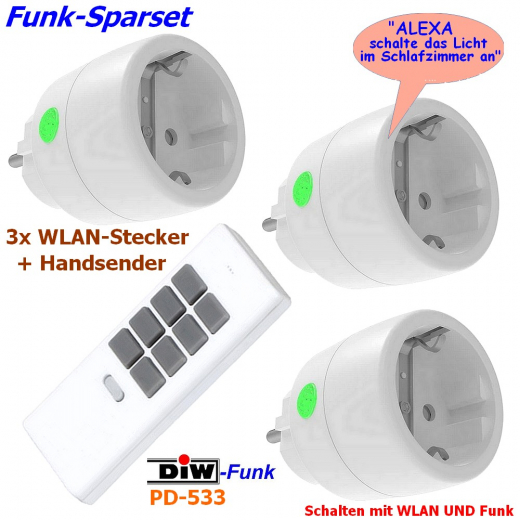 PD-533 DIW-FUNK 3 Stück WLAN-Stecker + 12-Kanal Handsender SPARSET Funk + ALEXA