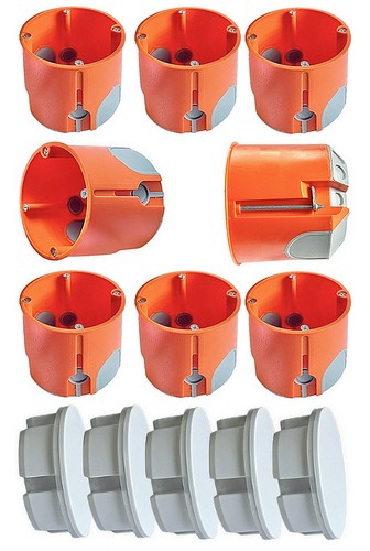 8x Hohlwanddosen winddicht Ø68x61mm tief mit Schrauben + 5 Steckdosenabdeckungen weiß
