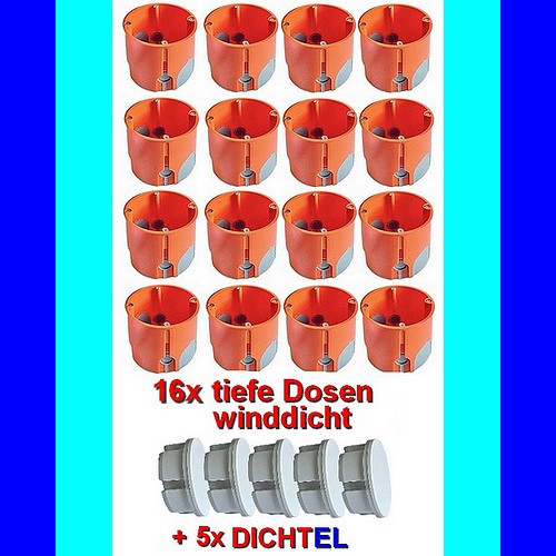 16x Hohlwanddosen winddicht Ø68x61mm tief mit Schrauben + 5 Steckdosenabdeckungen weiß