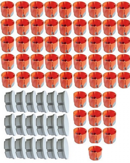 50x Hohlwanddosen winddicht Ø68x61mm tief mit Schrauben + 18 Steckdosenabdeckungen weiß