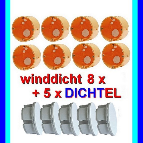 8x Hohlwanddosen winddicht Ø68x48mm tief mit Schrauben + 5 Steckdosenabdeckungen weiß