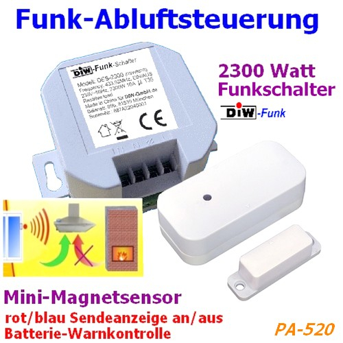 DIW-Funk EINBAU-Abluftsteuerung PA-520 SPARSET neuer Fensterkontaktschalter DFM-2000+ Einbau Funkschalter DES-2300 kabellos 2300 Watt Dunstabzugshaube Ofen