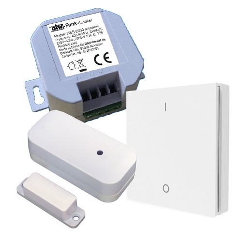 DIW-Funk EINBAU-Abluftsteuerung PA-522 SPARSET mit Wandsender, Fensterkontaktschalter DFM-2000+ Einbau Funkschalter DES-2300 kabellos 2300 Watt Dunstabzugshaube Ofen