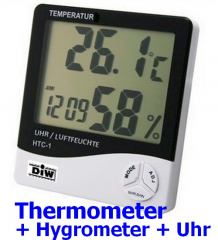 Digitale Wetterstation HTC-1: Hygrometer + Thermometer + Uhr + Alarm + Datum