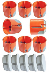 8x Hohlwanddosen winddicht Ø68x61mm tief mit Schrauben + 5 Steckdosenabdeckungen weiß