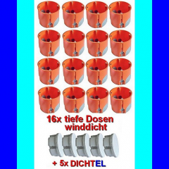 16x Hohlwanddosen winddicht Ø68x61mm tief mit Schrauben + 5 Steckdosenabdeckungen weiß